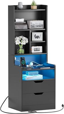 Tall NightStand with Charging Station and LED Lights Bedside Table with Drawers