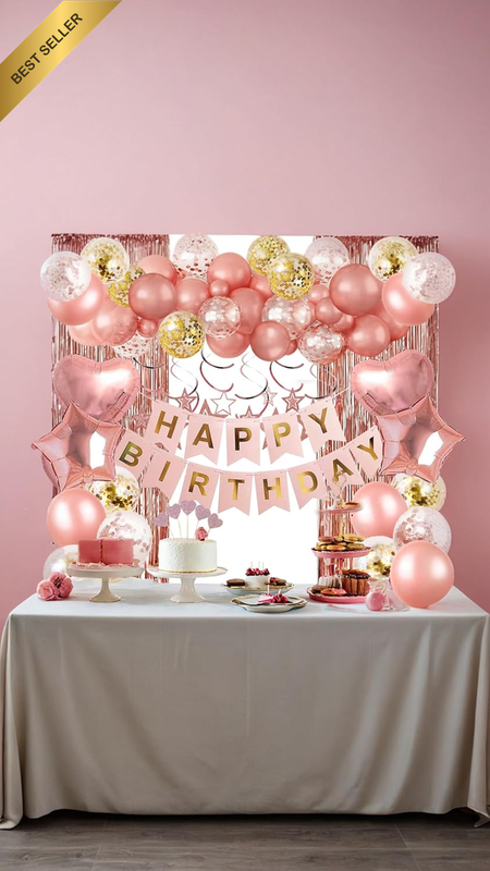 Rose Gold Birthday Set Banner Heart Star Confetti Curtain Swirls Women
