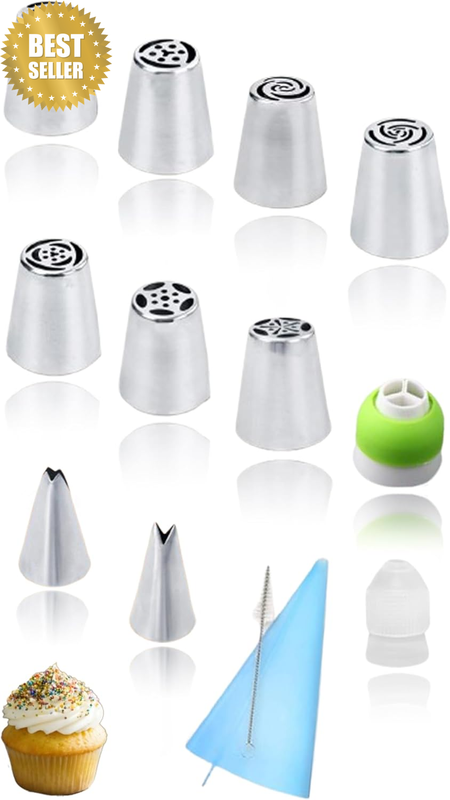 Cake Decorating Set, 13-Piece Stainless Steel Frosting Tips with Silicone Pastry
