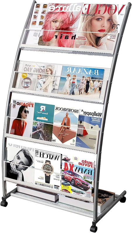 Magazine Rack Floor Standing,Brochure Display Stand, 4 Pockets Metal Literature Stand,Newspaper Rack with Wheels for Trade Show Exhibitions Office Retail Store
