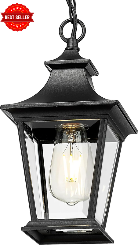 Modern Outdoor Hanging Light Fixture, 11.4" Black Lantern Light with Water Rippl