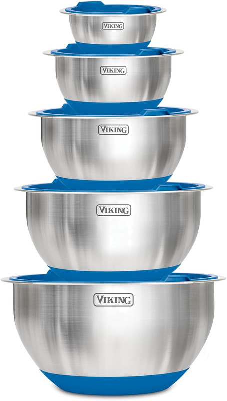 Mixing Bowls Set, 10 Piece Stainless Steel Kitchen Cookware, Non-Slip Silicone Base, Includes Tight Fit Lids, Dishwasher Safe, Teal