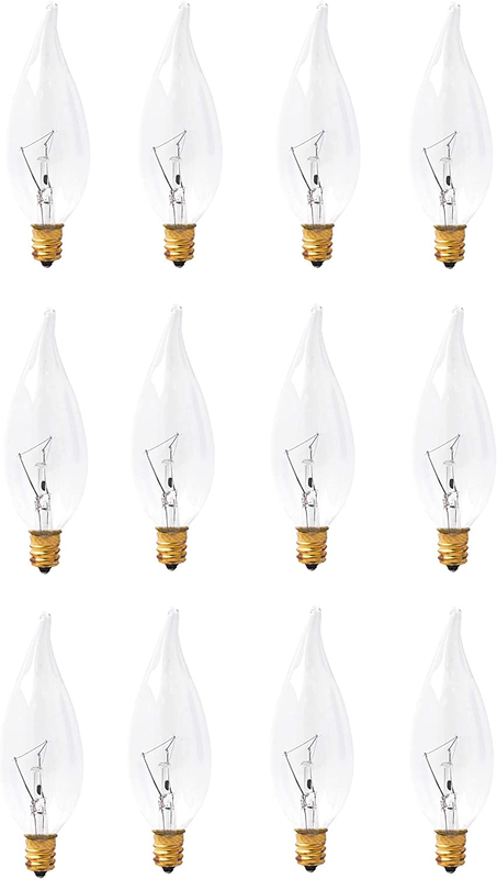 E12 25W Candelabra Light Bulbs for Chandelier; Flame Tip, 120-Volt, Pack of 12