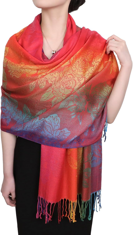Colorful Flowers Jacquard Cotton Pashmina Women Wrap Shawl Tassels Scarves