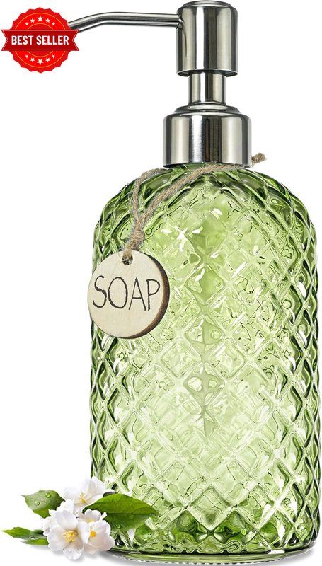 18Oz Tea Green Soap Dispenser with Rust Proof Pump, Refillable Glass Soap Dispen
