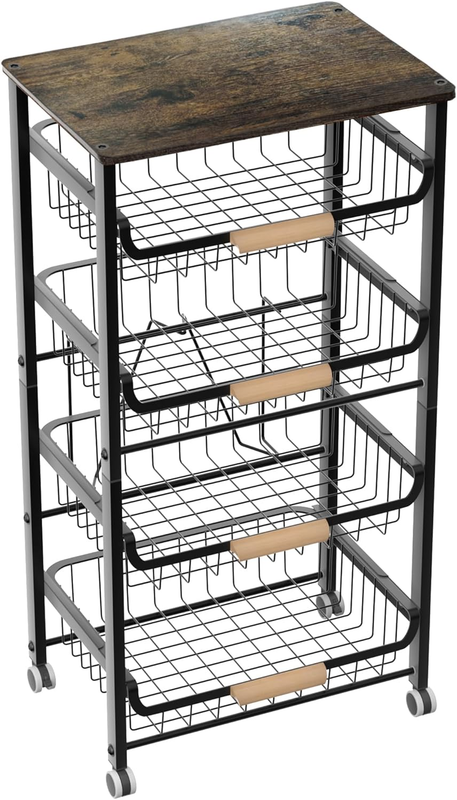 5-Layer Fruit Basket Kitchen Food Storage Organizer and Storage Rack, Stackable Storage Cart with Desktop, Pull-Out Hollow Metal Storage Basket, Wheeled Sorting Rack Spice Rack,Black