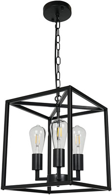 3-Light Industrial Metal Farmhouse Chandelier, Black Square Pendant Light Hangin