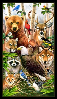 23'' Fabric Panel | Elizabeth's Studio Wildlife Refuge Wolf Deer Eagle Bear Scene