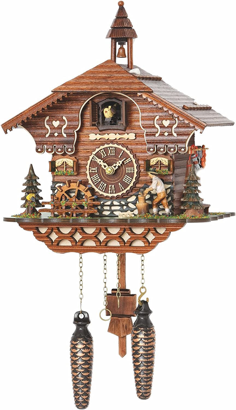 Trenkle Quartz Cuckoo Clock Black Forest House with Moving Wood Chopper and Mill