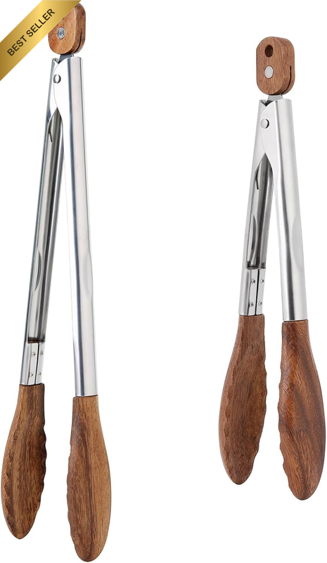 Kitchen Tongs Set - 9" & 12" Anti-Slip Long Wooden Cooking Tongs for BBQ, Grilli