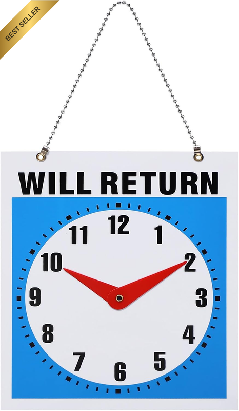 Will Return/Open Clock Sign Double Sided Door Sign with Clock