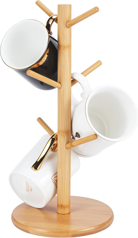 Bamboo Mug Tree Holder, Upgraded Screw Type 6 Hooks Coffee Mug Holders, Decorati