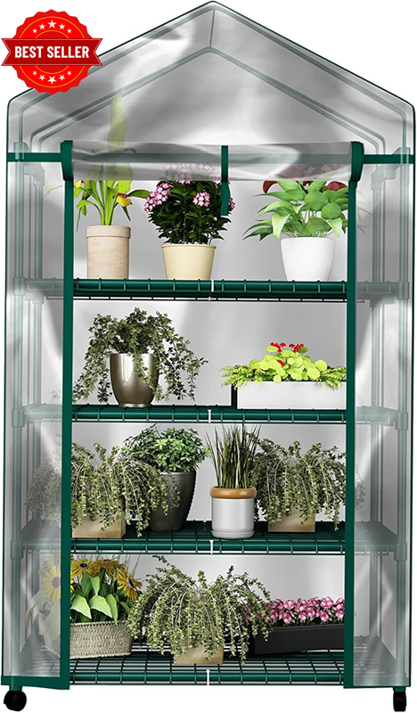 4 Tier Mini Greenhouse - Portable Greenhouse with Locking Wheels and PVC Cover f