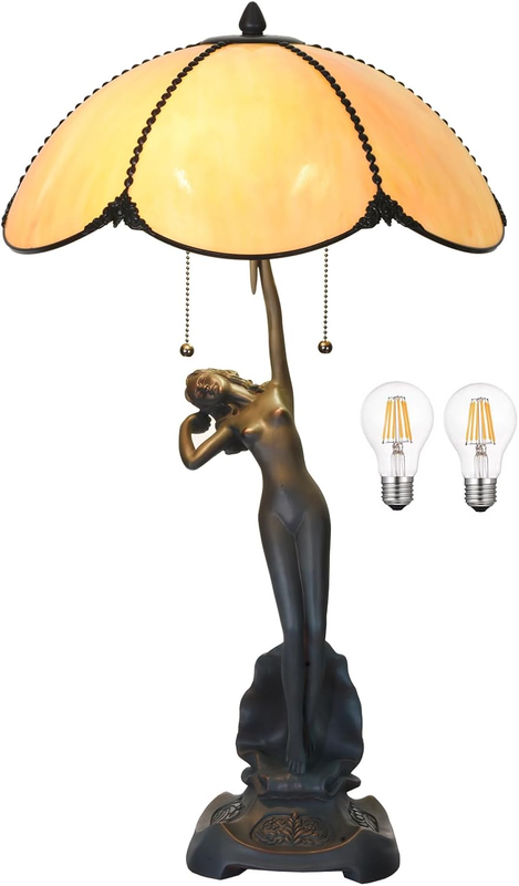 TL0033 Tiffany Style Table Lamp Stained Glass Umbrella Shade with Lady Sculpture Base W 15.75 X OH 27 Inches, Art Nouveau Lamp for Home Office, LED Bulbs Included