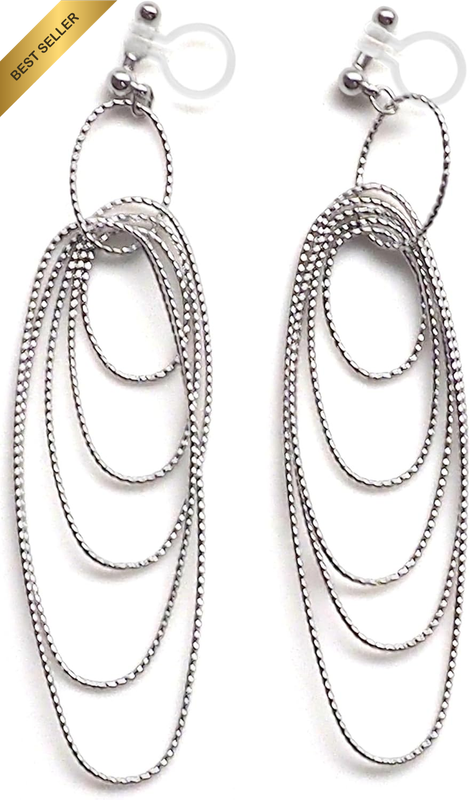 Clip On Earrings Women Dangle Silver Textured Oval Hoops Invisible Non Pierced