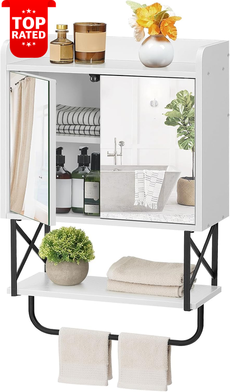 Medicine Cabinet with Mirror Bathroom Storage Towel Bar Double Doors White