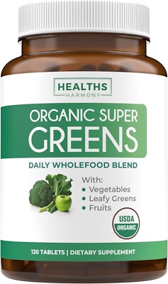 Health's Harmony USDA Organic Greens, 120 Tablets Convenient Pills Energy Gut