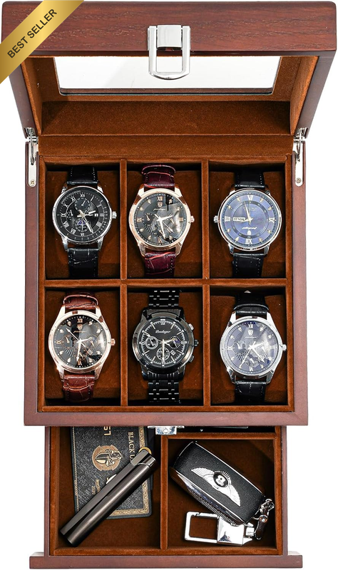 6 Slots Lacquered Finish Wooden Watch Box for Men, Men’S Watch Organizer with Gl