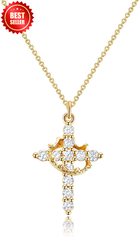 Upgraded Crown Cross Necklace Women 14K Gold Plated Pendant Non-Tarnish Faith US