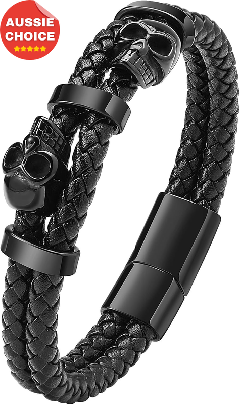 Men's Skull Cuff Bracelet 316L Stainless Steel Leather Punk Gothic Jewelry