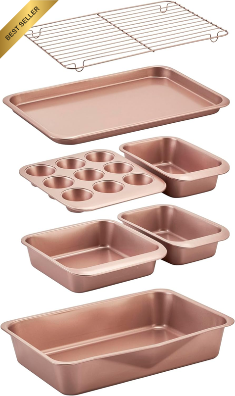 7 Piece Smart Stack Bakeware Set Rose Gold Non-Stick Space-Saving