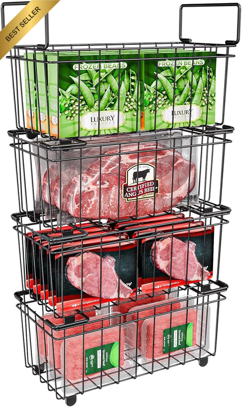 4-Pack Freezer Organizer Bins with Foldable Handles Stackable Metal Deep Freezer