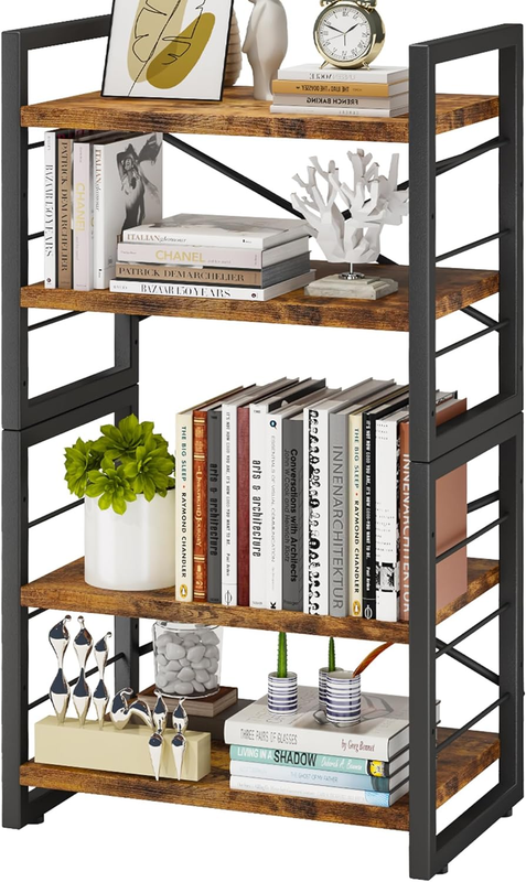Homeiju Bookshelf, 4 Tier Stackable Bookcase, Adjustable Industrial Book Shelf S