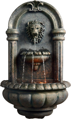 32.1 In. Wall-Mounted Lion Head Stone LED Outdoor Water Fountain for Gardens, La