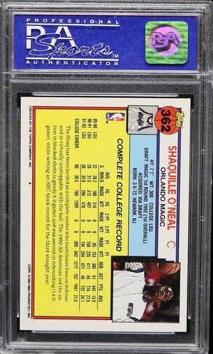 1992-93 Topps Shaquille O'Neal #362 PSA 9 MINT RC ROOKIE HOF