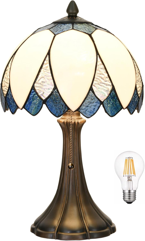 TL0014 Blue & White Lotustiffany Table Lamp Stained Glass Bedside Lamp Bending Glass Reading Desk Light 9.5 X 16.5 Inches for Bedroom Living Room Home Office (Blue &White)