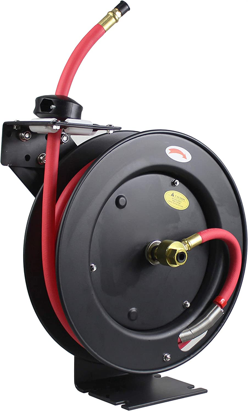 50104 25Ft Auto Rewind Retractable Reel with 3/8" X 25' Long Air Hose with Brass