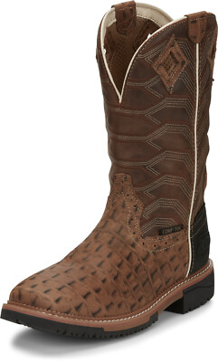 Pre-owned Justin Boots Justin 12in Croc Print Mens Caramel Derrickman Leather Work Boots In Brown