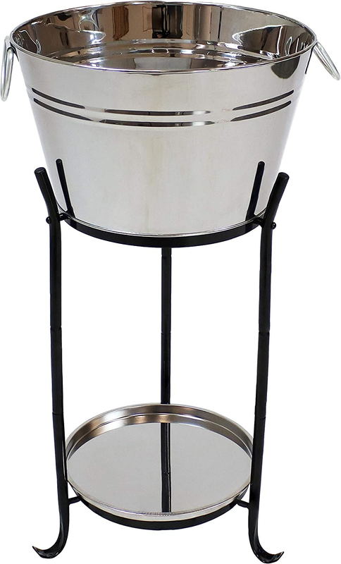 Sunnydaze Ice Bucket Drink Cooler with Stand and Tray for Parties, Stainless Ste