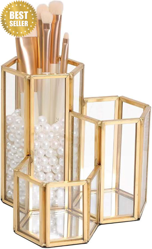 3 Compartment Gold Hexagon Glass Holder - Multipurpose Organizer for Makeup Brus