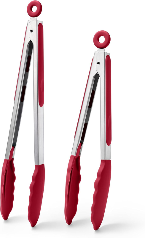 Kitchen Tongs with Silicone Tips for Serving BBQ (2Pcs, Red)