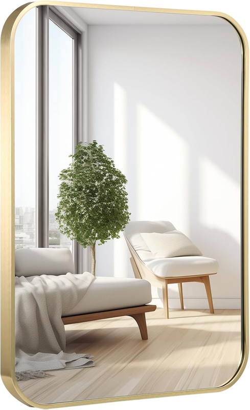 22X30 Inch Bathroom Mirror for Wall,Gold Framed Rectangle Mirror with Rounded Corner,Aluminum Alloy Framed Brushed Wall Mirror for Bedroom or Living Room,Vertical or Horizontal