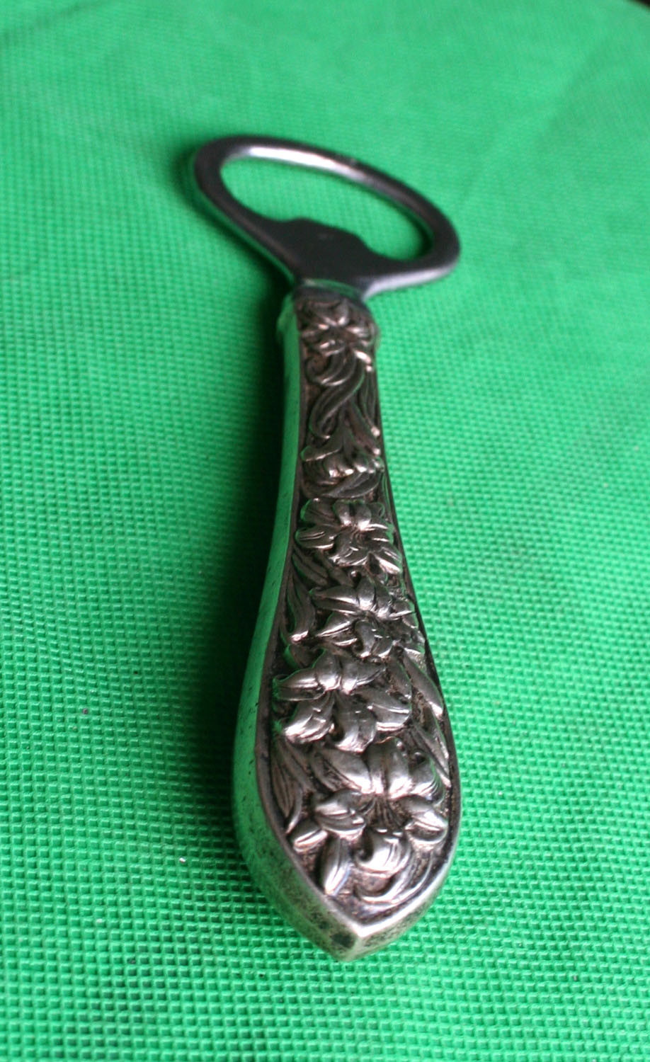 Vintage Sterling Silver Handle Bottle Opener Ornate Floral Pattern