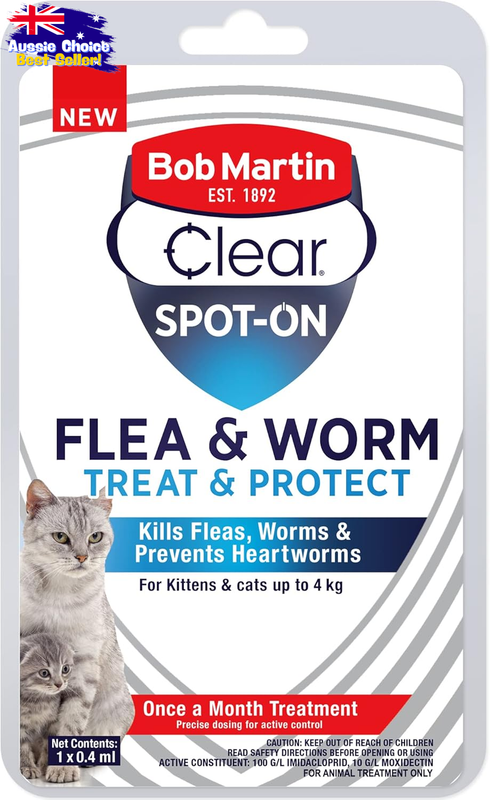 Spot-On Flea & Worm Treatment Cats <4KG - Monthly, Easy Apply, 0.4ml