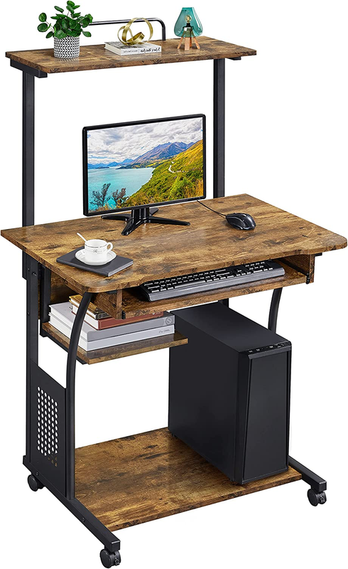 3 Tiers Rolling Computer Desk with Keyboard Tray and Printer Shelf for Office
