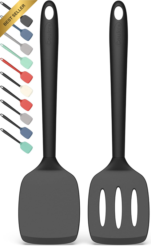 2PK Silicone Spatula Set High Heat Resistant Solid Slotted Turner Black