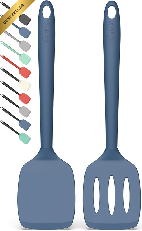 2PK Silicone Spatula Set High Heat Solid Slotted Turner Dark Blue