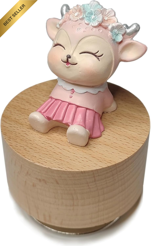 Mini Wooden Animal Rotary Music Box with Cute Deer Ornament (Tune: You Are My Su