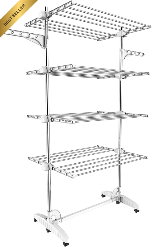 Laundry Drying Rack 4 Tier Stainless Steel Clothes Airer with Wings Foldable Whi