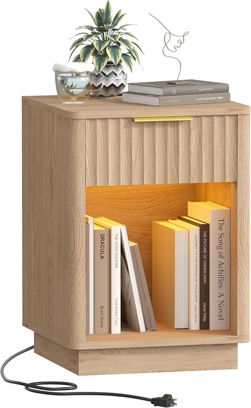 Fluted Nightstand, Wooden Night Stand with Charging Station and LED Light, Modern Mid Century End Table with Drawer, 15