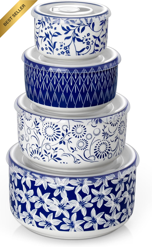 Ceramic Nesting Bowls with Lids Set of 4, Serving Bowls for Food Storage, Prep B