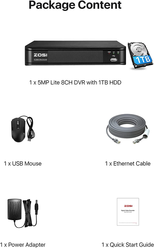 H.265+ 5MP Lite 8 Channel CCTV DVR Recorder with Hard Drive 1TB, Remote Access,