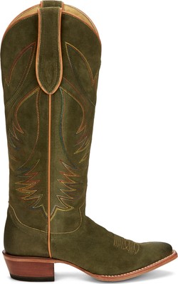 Pre-owned Justin Boots Justin 15in Womens Olive Suede Clara Leather Cowboy Boots