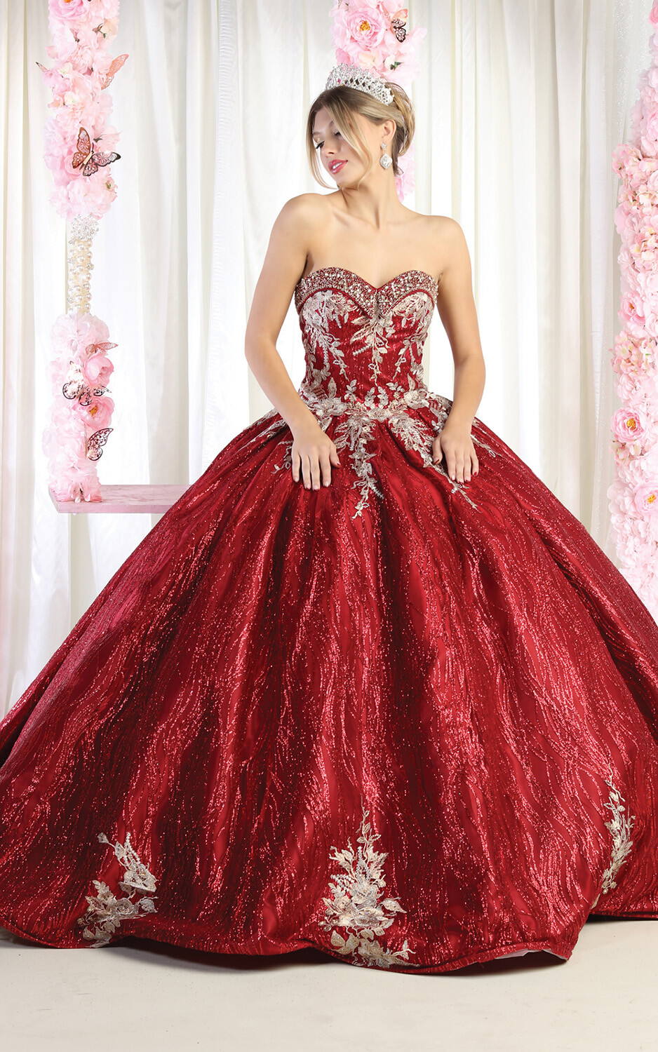 Pre-owned Designer May Queen Lk179 Corset Back Strapless Quinceanera Ball Gown In Burgundy/gold