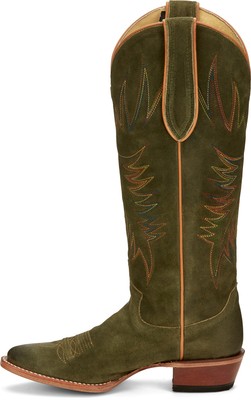 Pre-owned Justin Boots Justin 15in Womens Olive Suede Clara Leather Cowboy Boots