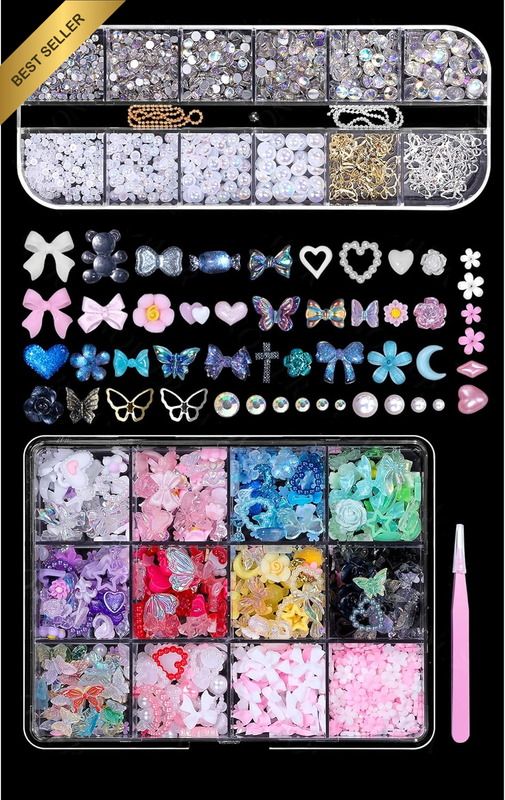 Nail Art DIY Y2K Decor, 3D Nail Charms and Gems with Delicate Chains, Assorted F